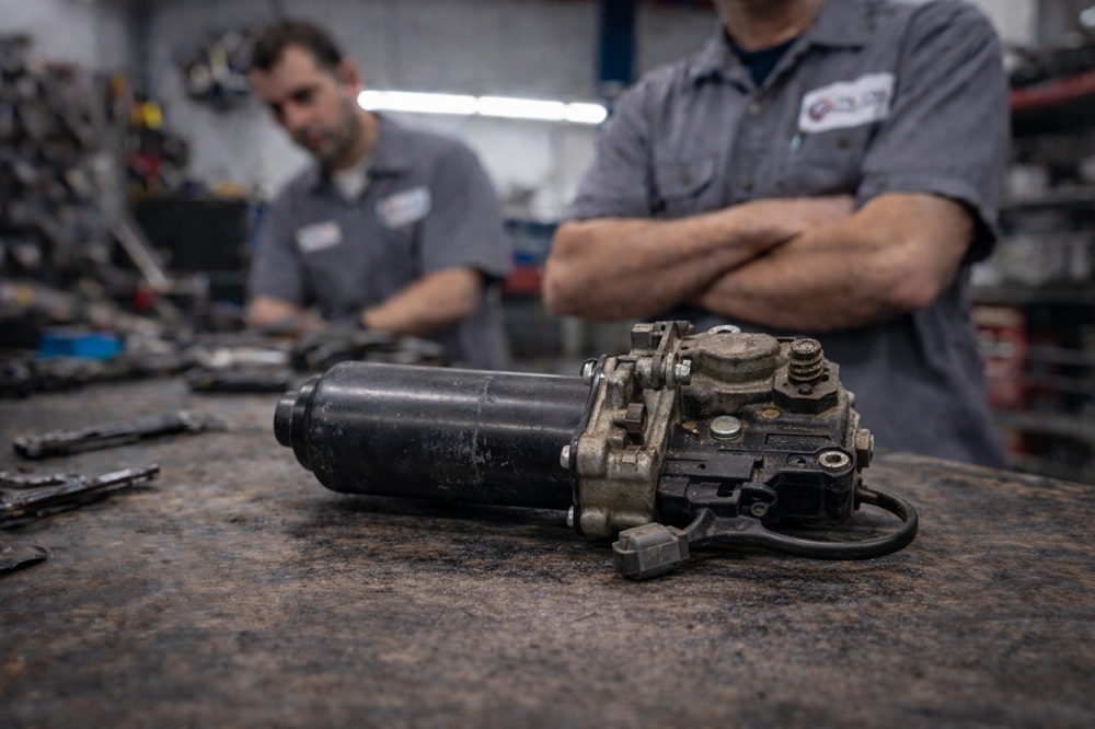Technician inspecting used tailgate lift motor