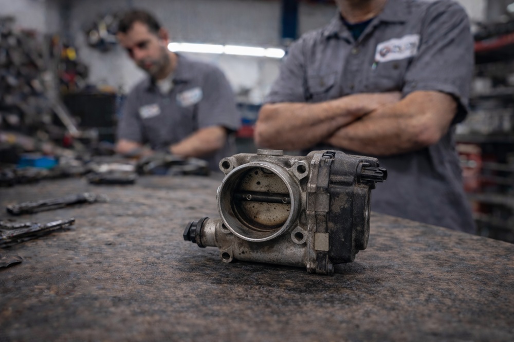 Technician inspecting used throttle body
