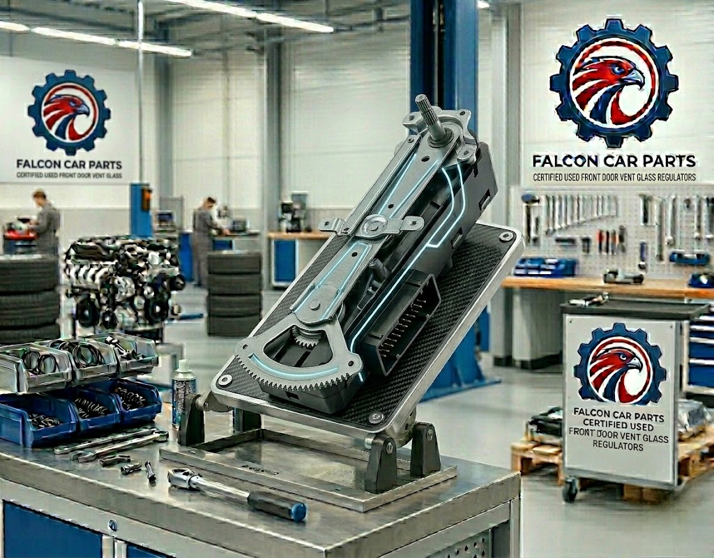 Tested used front vent glass regulator showing the splined shaft and mounting plate