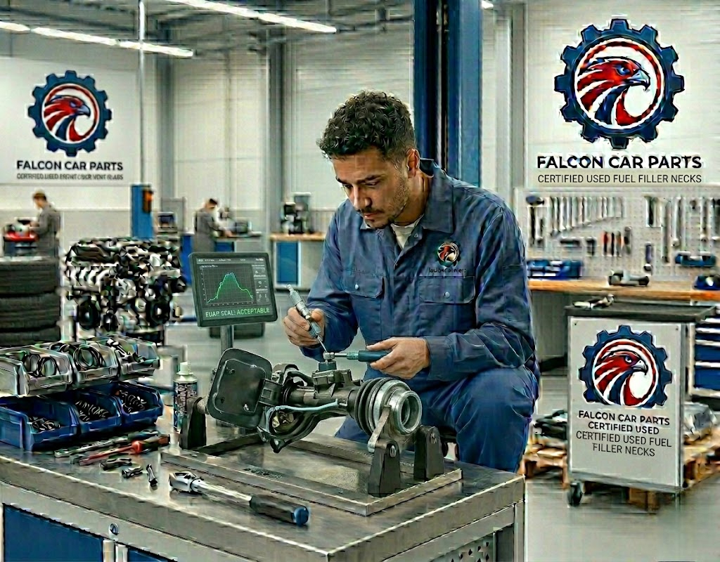 Tested used fuel filler neck with clean metal surface and intact mounting brackets