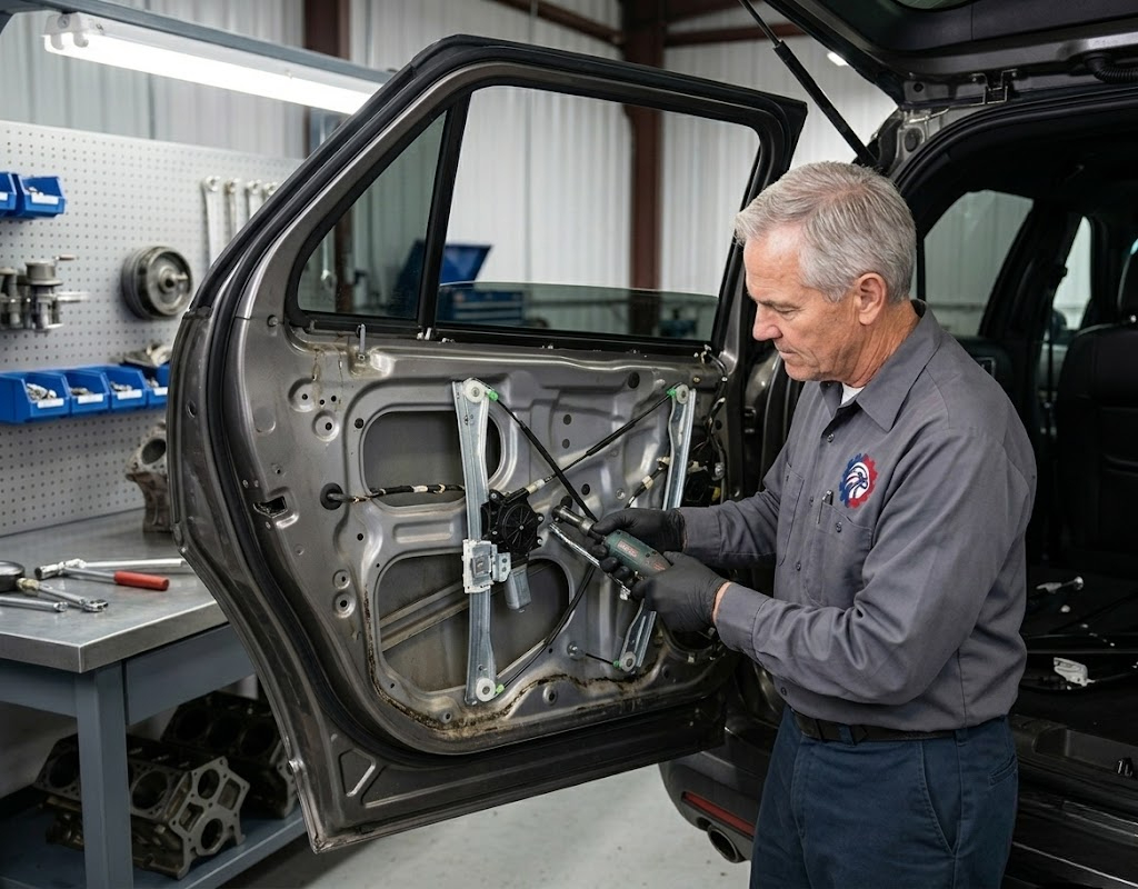 Tested used gate window regulator with clean guide rails and intact cables