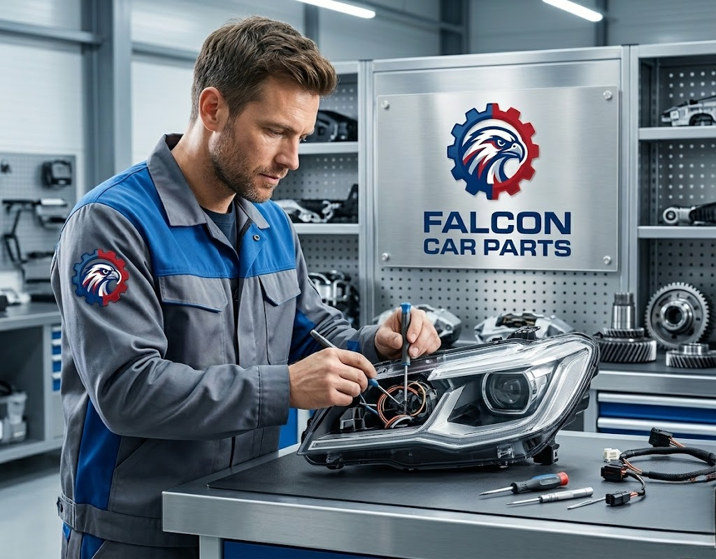 Tested used headlight assembly showing clear lens and intact brackets