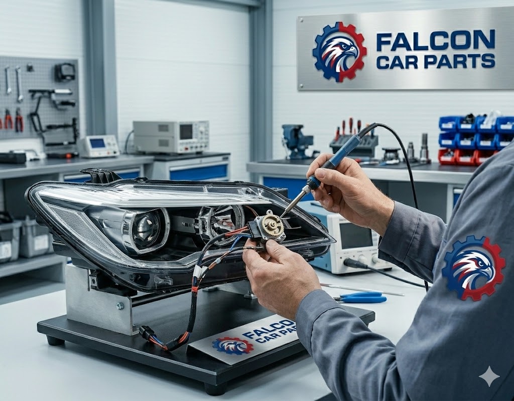 Bench-tested used headlight motor showing clean electrical plug