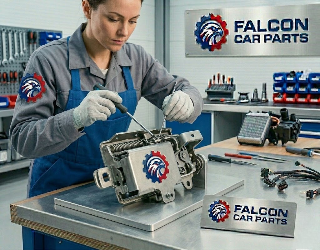 Quality inspected used hood latch showing clean mechanical pivot and sensor plug