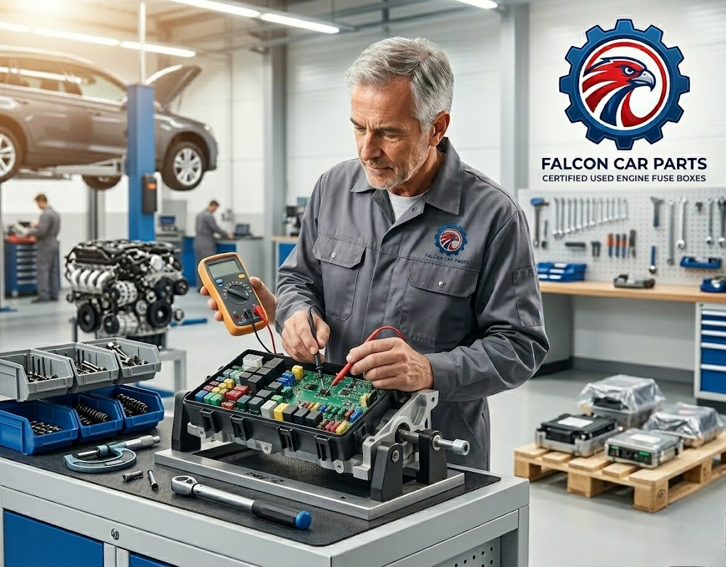 Tested used engine fuse box with clean terminals and intact plastic housing