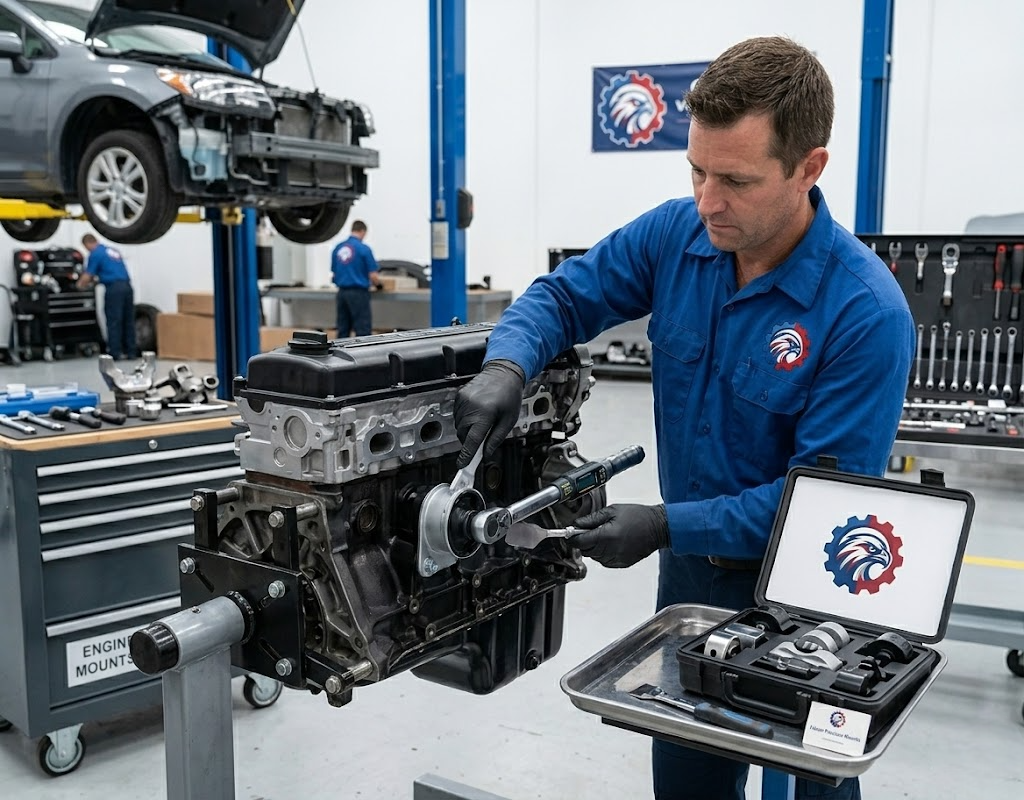 Tested used OEM engine mount showing clean rubber and mounting plate