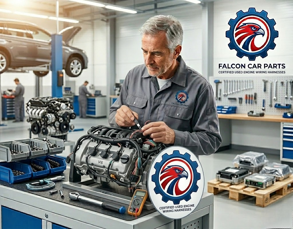 Tested used engine wiring harness with clean connectors and protective loom