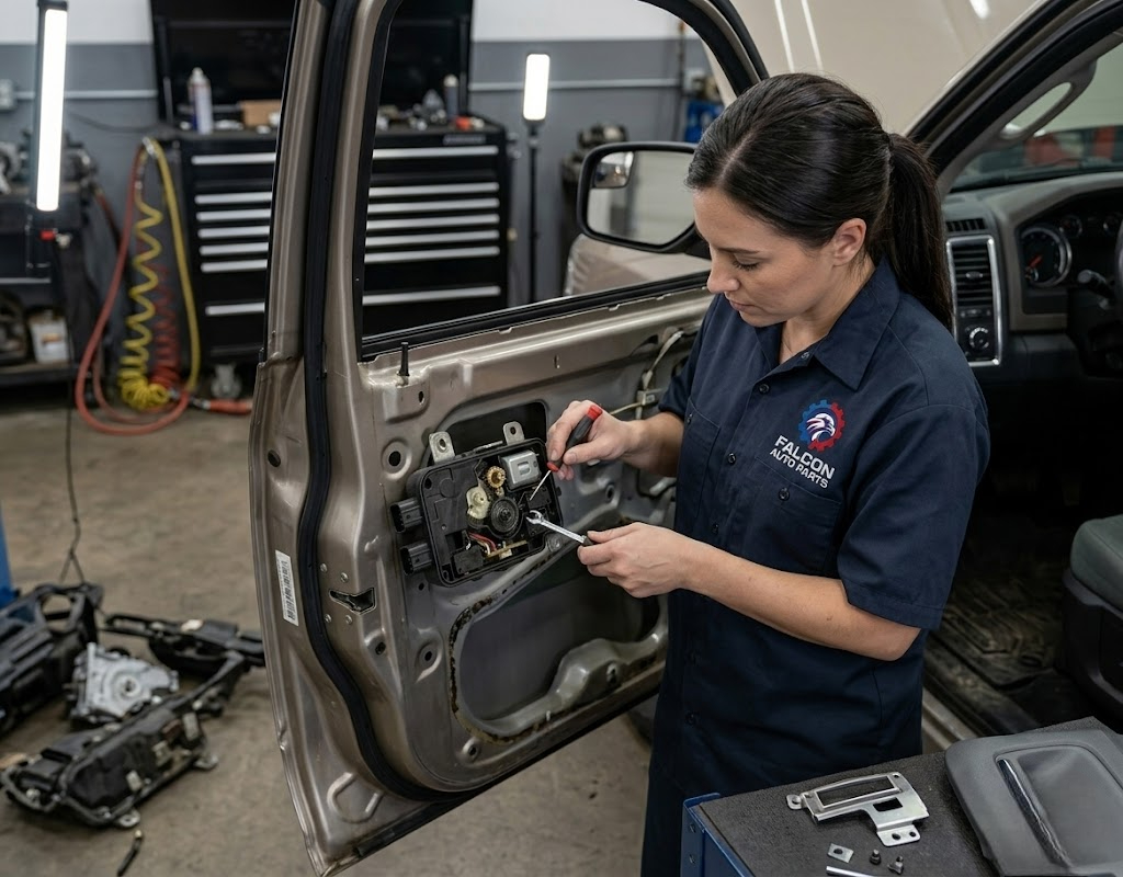 Tested used door lock actuator showing clean latch mechanism and electrical plug