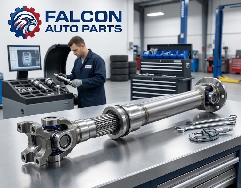 Technical staff inspecting used rear drive shafts