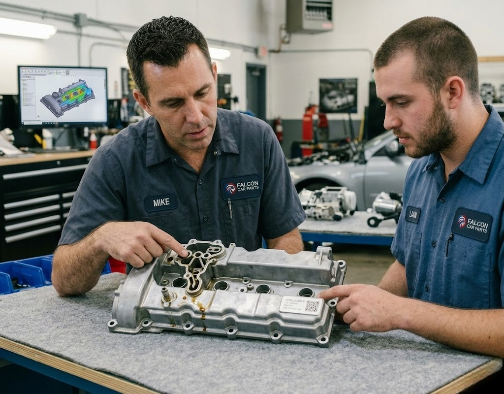 Technical staff inspecting used engine valve covers