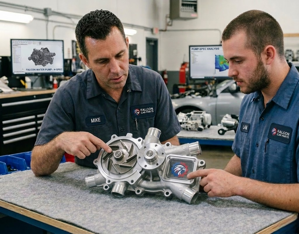 Technical staff inspecting used water pumps for various makes